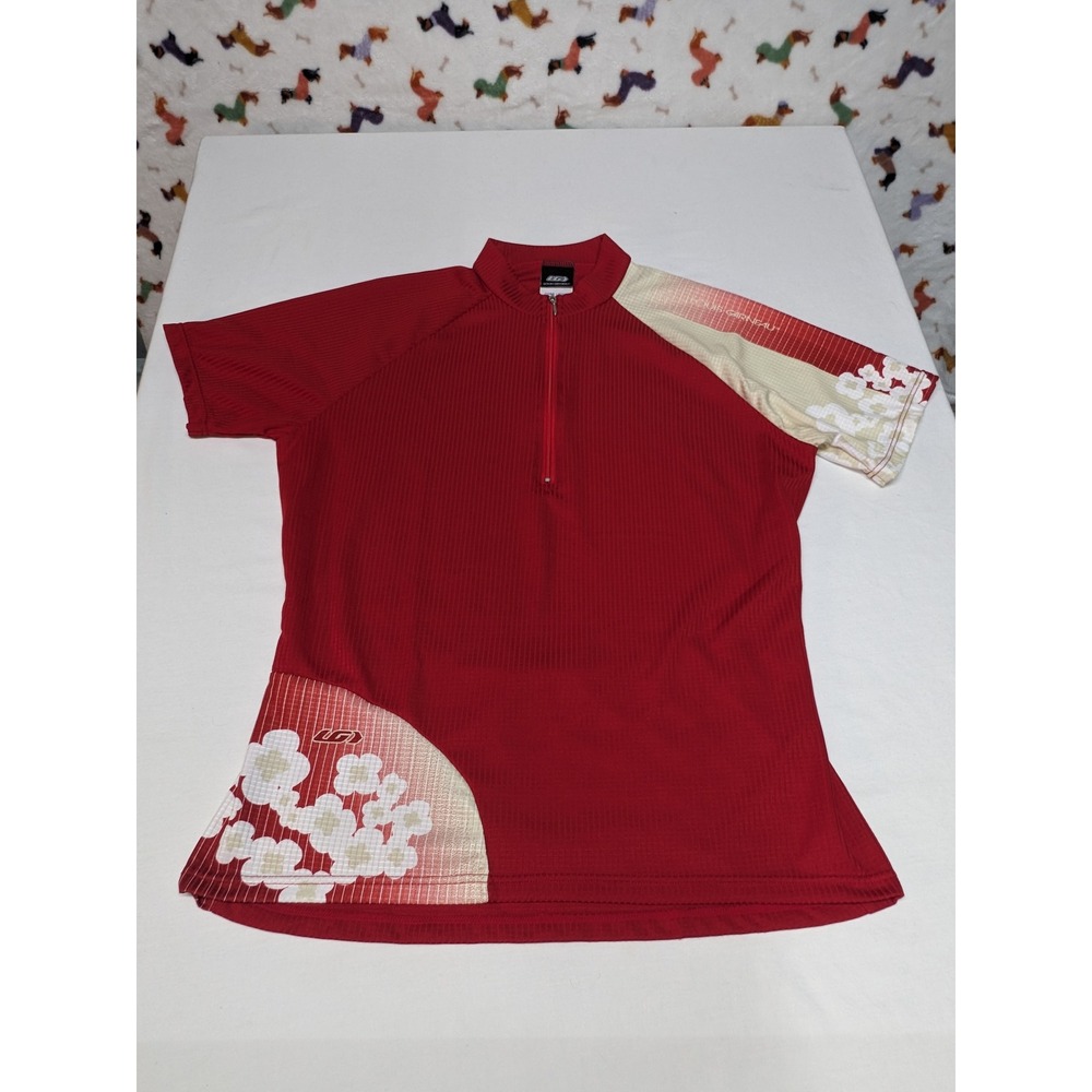 Louis Garneau Womens Red Floral Cycling Jersey Quarter Zip‎ Short Sleeve Large